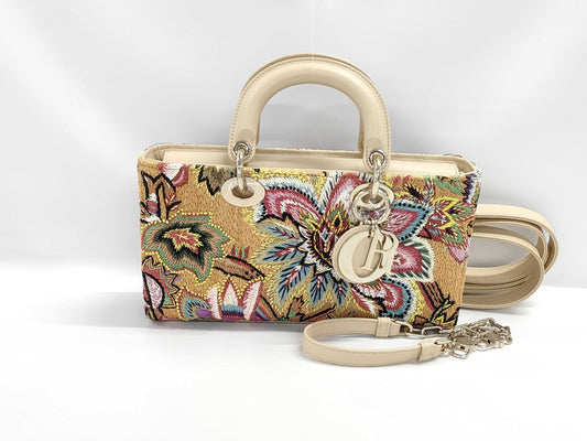Dior Lady D Joy 2-way Shoulder Bag in Beige, Multicolored with Gold Hardware, Raffia and Calfskin, 04-MA-0293, Handbag