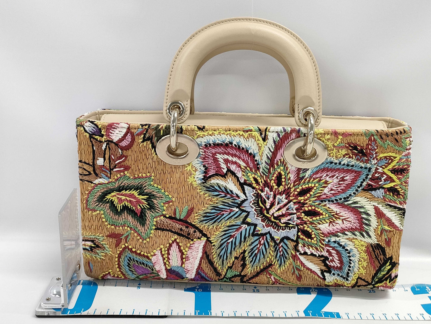 Dior Lady D Joy 2-way Shoulder Bag in Beige, Multicolored with Gold Hardware, Raffia and Calfskin, 04-MA-0293, Handbag