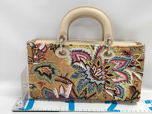 Dior Lady D Joy 2-way Shoulder Bag in Beige, Multicolored with Gold Hardware, Raffia and Calfskin, 04-MA-0293, Handbag