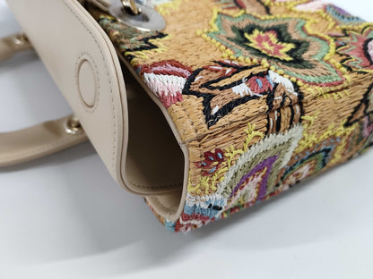 Dior Lady D Joy 2-way Shoulder Bag in Beige, Multicolored with Gold Hardware, Raffia and Calfskin, 04-MA-0293, Handbag
