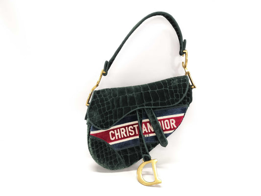 Dior Saddle Bag Medium Shoulder Bag Green with Gold Hardware Velvet Handbag