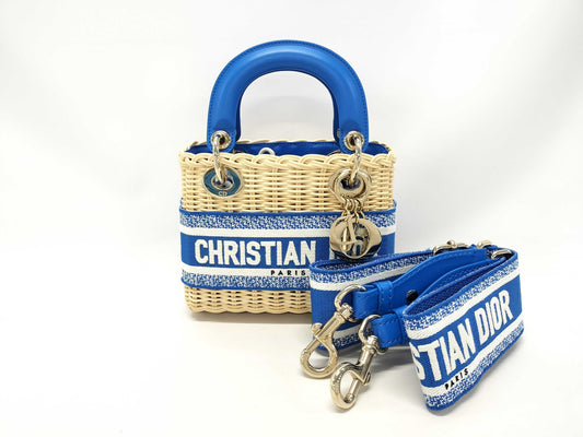 Dior Lady Dior 2-Way Handbag Mini Blue with Gold Hardware and Wicker