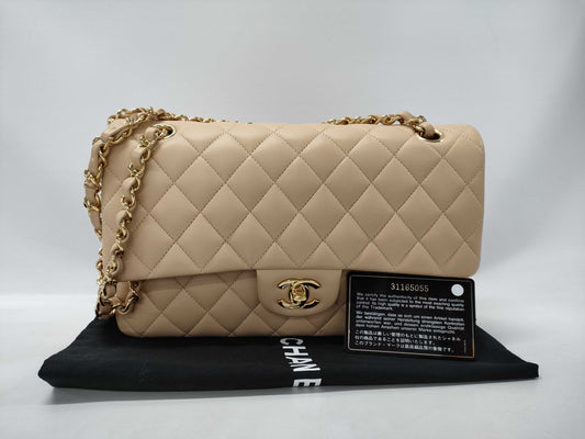CHANEL Matelasse 25 2-way Double Flap Double Chain A01112 Beige Lambskin Shoulder Bag with Gold Hardware 31165055