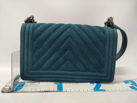 CHANEL Boy Chanel 25 Chain Shoulder Bag, Dark Green with Silver Hardware, Suede, 23152999 Shoulder Bag