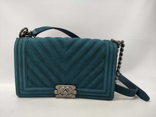 CHANEL Boy Chanel 25 Chain Shoulder Bag, Dark Green with Silver Hardware, Suede, 23152999 Shoulder Bag