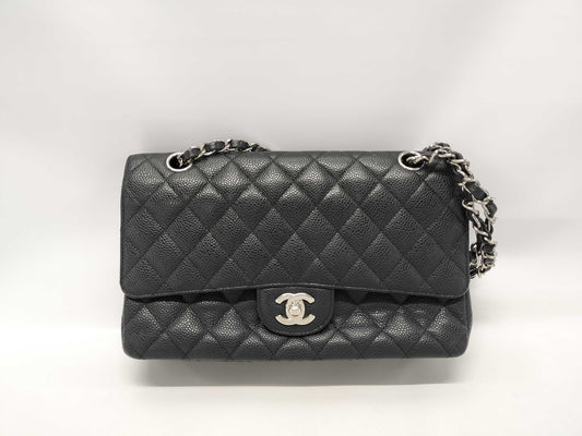 CHANEL Matelasse 25 Double Flap Chain Shoulder Bag in Black with Silver Hardware and Caviar Leather 