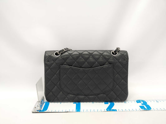 CHANEL Matelasse 25 Double Flap Chain Shoulder Bag in Black with Silver Hardware and Caviar Leather 