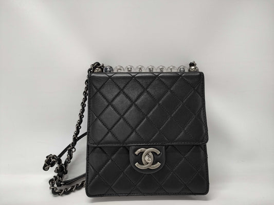CHANEL Matelasse Pearl Chain Shoulder Bag AS0584 Black with Silver Hardware, Lambskin, 29789060 Shoulder Bag