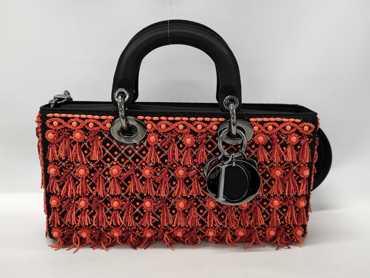 Dior Lady Dior D-JOY Limited Edition Red Black Silver Hardware Beaded Leather Handbag