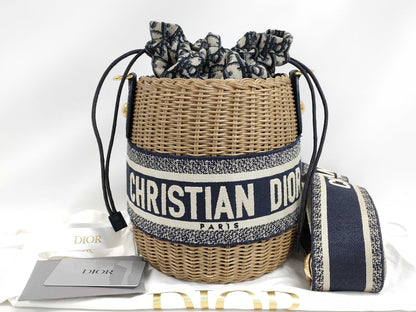 Dior Oblique Wicker Shoulder Bag M7600CMVO Navy Brown with Gold Hardware, Canvas and Rattan, 63-MA-0251 Shoulder Bag