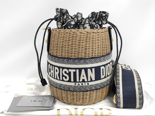 Dior Oblique Wicker Shoulder Bag M7600CMVO Navy Brown with Gold Hardware, Canvas and Rattan, 63-MA-0251 Shoulder Bag
