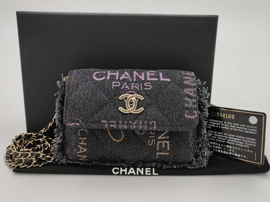 CHANEL CHANEL Mini Matelasse Denim Chain Shoulder Bag with Logo and Fringe, Black with Gold Hardware, 31944169 Shoulder Bag