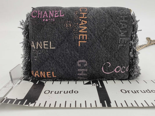 CHANEL CHANEL Mini Matelasse Denim Chain Shoulder Bag with Logo and Fringe, Black with Gold Hardware, 31944169 Shoulder Bag