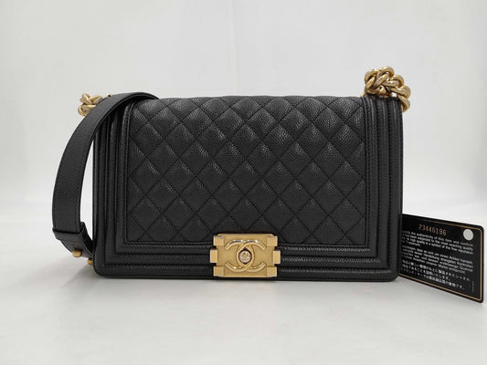 CHANEL Boy Chanel 25 Caviar Leather Shoulder Bag with Gold Hardware and Chain Strap, Black, 23 Series, A67086, Includes Card and Sticker