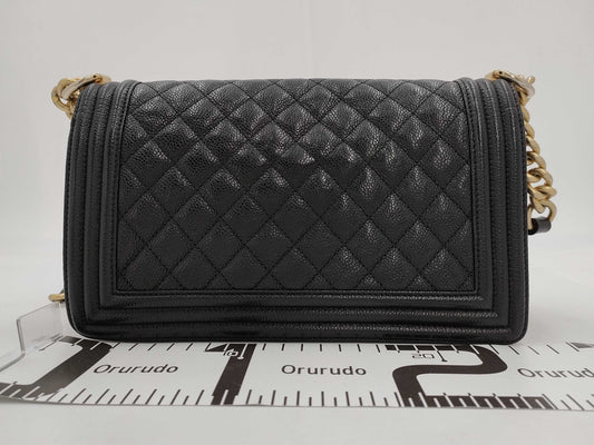 CHANEL Boy Chanel 25 Caviar Leather Shoulder Bag with Gold Hardware and Chain Strap, Black, 23 Series, A67086, Includes Card and Sticker