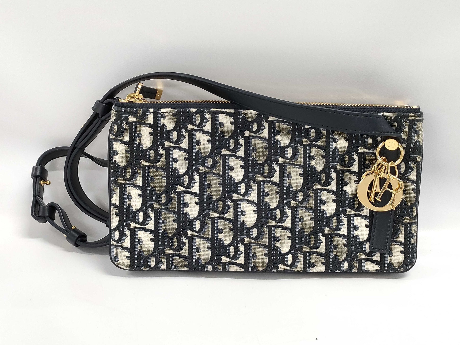 Dior Oblique Shoulder Pouch, Navy with Gold Hardware, Canvas Shoulder Bag