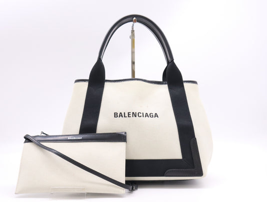 BALENCIAGA 339933 2HH3N 9260 Canvas and Leather Navy Cabas Tote Bag with Pouch