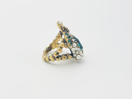 GUCCI Flower and Fruit Bijou Rhinestone and Faux Pearl Ring #XS Color Stone Green Ring