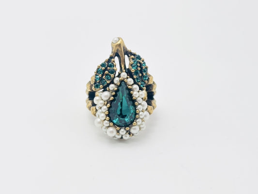 GUCCI Flower and Fruit Bijou Rhinestone and Faux Pearl Ring #XS Color Stone Green Ring