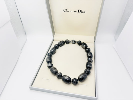 Dior Choker Necklace, Resin, Plastic, Lamé Silver and Gray, Snap Button Closure, Heart Flower Necklace