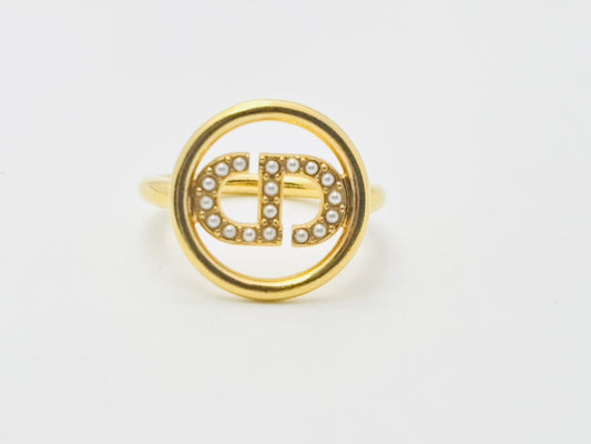 Dior Petit CD Logo Faux Pearl Ring, Size Small, Gold