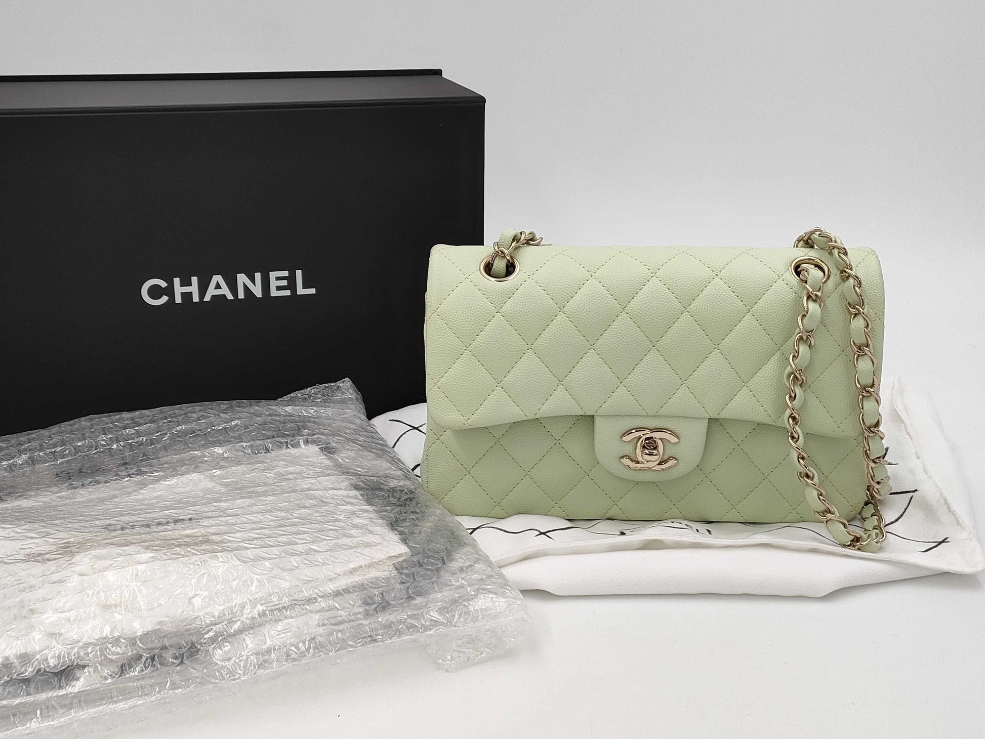 CHANEL CHANEL Matelasse 23 Double Flap Caviar Leather Chain Shoulder Bag Mint Green with Serial Plate