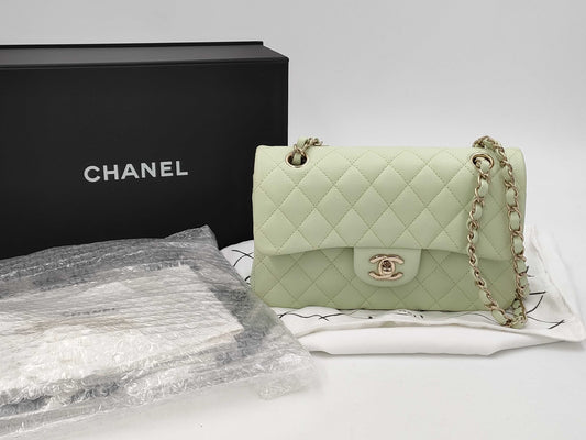 CHANEL CHANEL Matelasse 23 Double Flap Caviar Leather Chain Shoulder Bag Mint Green with Serial Plate
