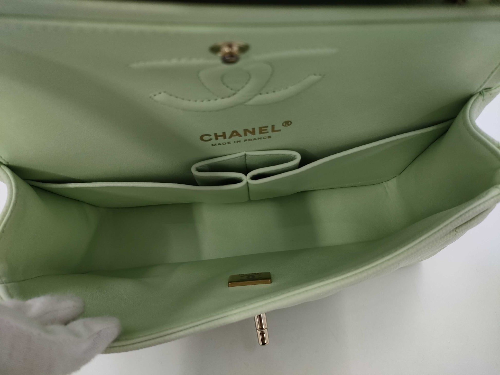 CHANEL CHANEL Matelasse 23 Double Flap Caviar Leather Chain Shoulder Bag Mint Green with Serial Plate