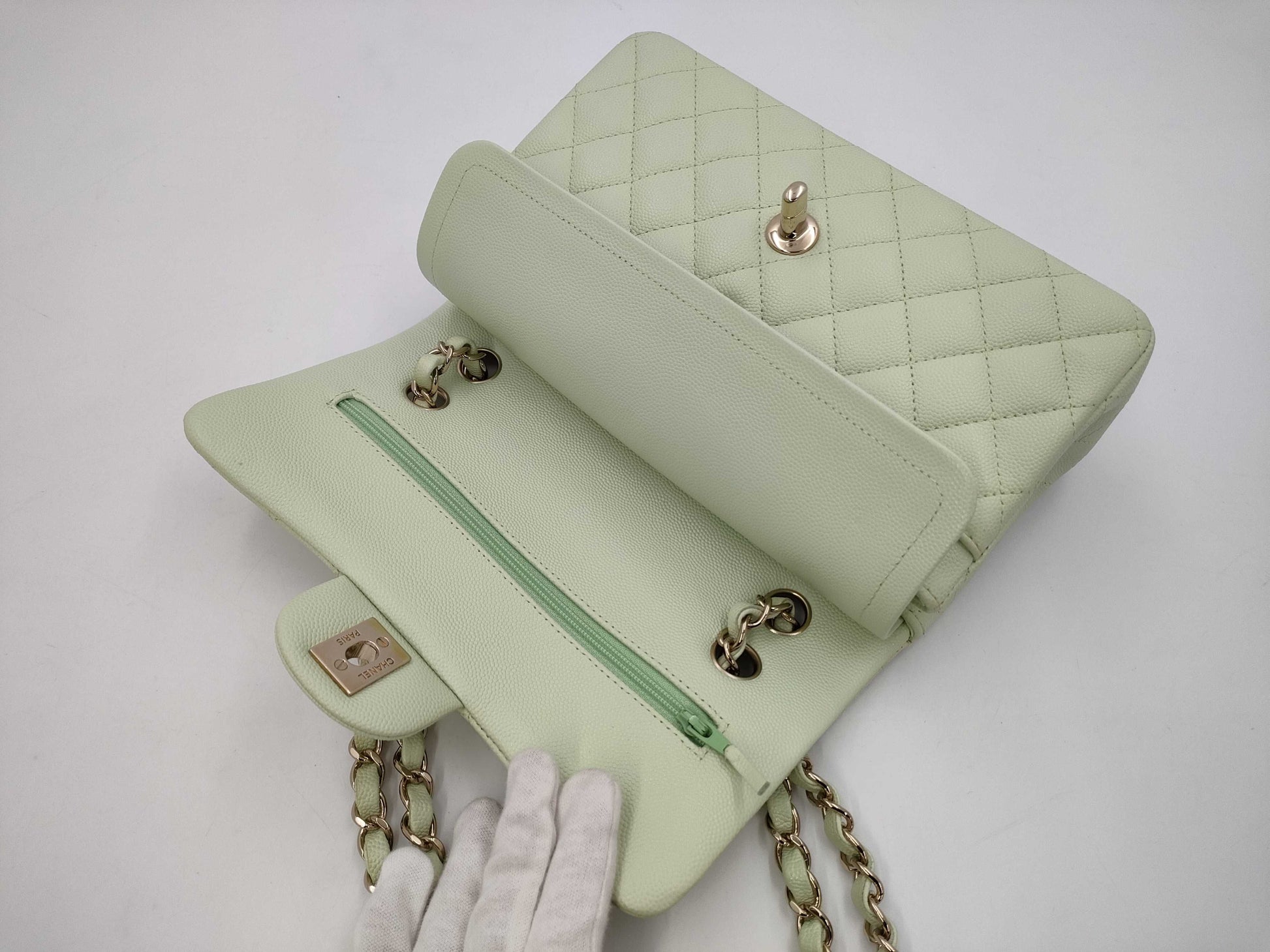 CHANEL CHANEL Matelasse 23 Double Flap Caviar Leather Chain Shoulder Bag Mint Green with Serial Plate