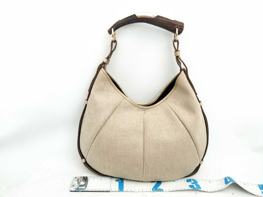 Yves Saint Laurent Mombasa Canvas and Horn Handbag 135202/002122 Beige Shoulder Bag