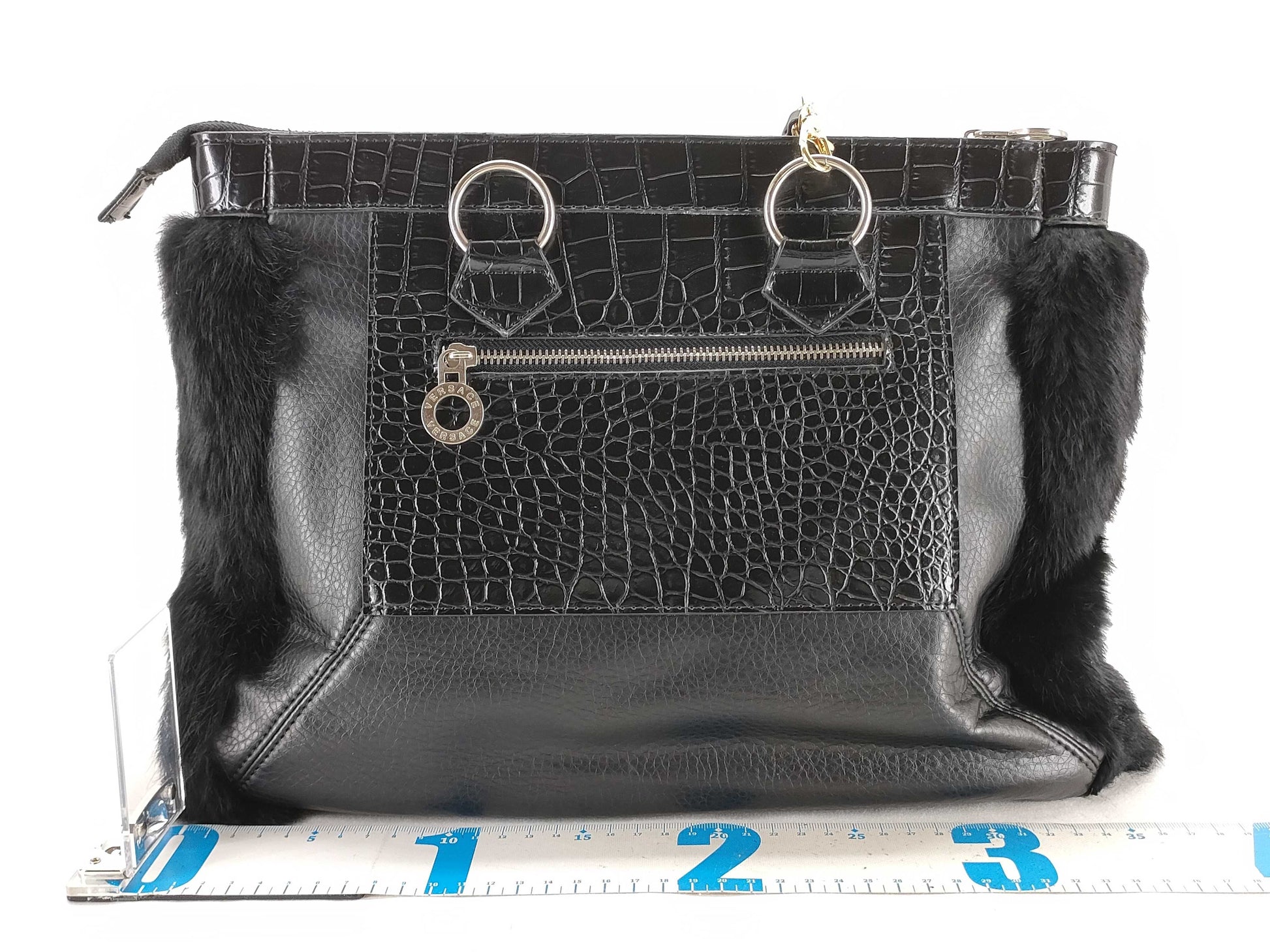 VERSACE Versace fur and leather shoulder bag, black shoulder bag