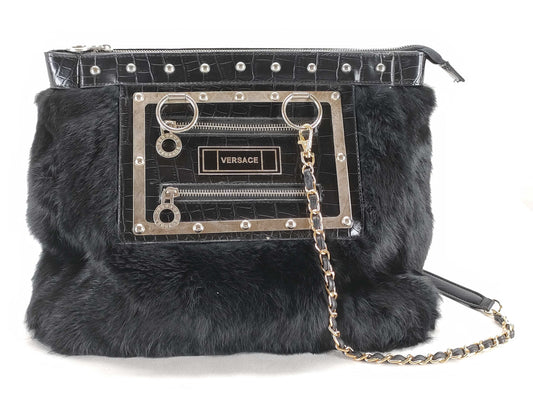 VERSACE Versace fur and leather shoulder bag, black shoulder bag