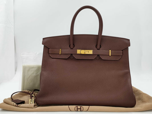 HERMES Birkin 35 Togo Handbag in Dark Brown with Gold Hardware and a C Stamp
