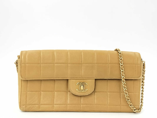 CHANEL Chocobar East West Lambskin Chain Shoulder Bag, Beige