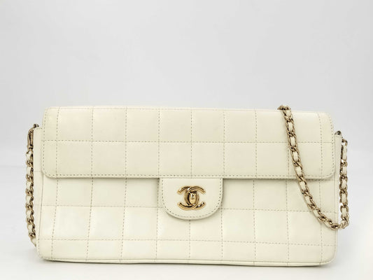 CHANEL Chocobar East West Lambskin Chain Shoulder Bag, White, No. 7