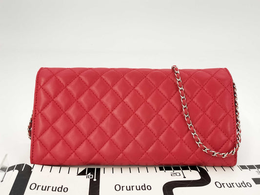 CHANEL Matelasse East West Lambskin Chain Wallet, Red, No. 14, Shoulder Bag