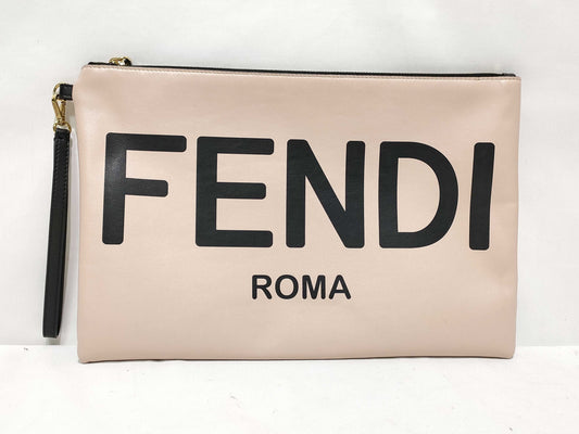 FENDI Clutch Bag Pink Beige Leather Clutch Bag