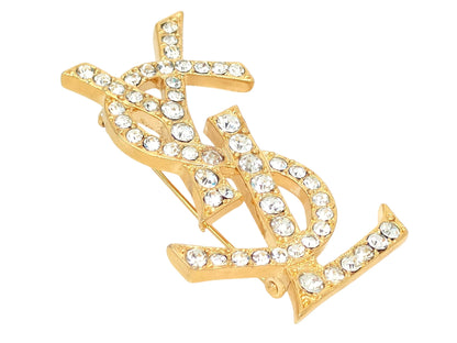 Yves Saint Laurent Yves Saint Laurent Gold Color Brooch with Rhinestones and Logo Design