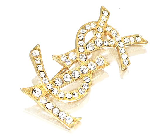 Yves Saint Laurent Yves Saint Laurent Gold Color Brooch with Rhinestones and Logo Design