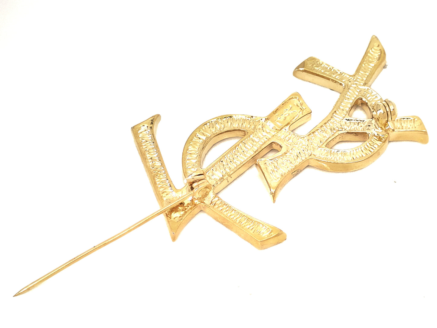 Yves Saint Laurent Yves Saint Laurent Gold Color Brooch with Rhinestones and Logo Design