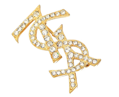 Yves Saint Laurent Yves Saint Laurent Gold Color Brooch with Rhinestones and Logo Design
