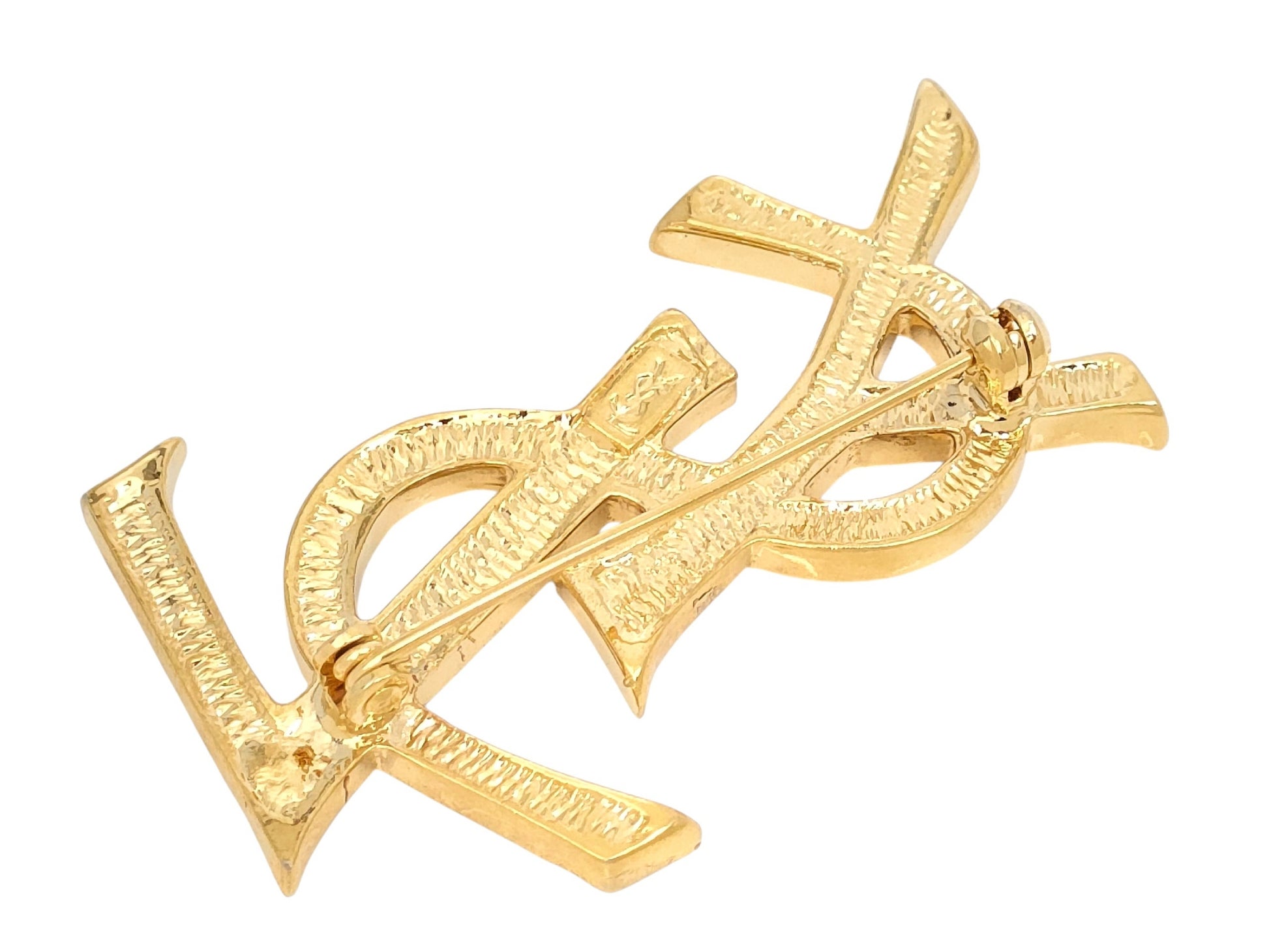 Yves Saint Laurent Yves Saint Laurent Gold Color Brooch with Rhinestones and Logo Design