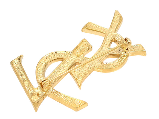 Yves Saint Laurent Yves Saint Laurent Gold Color Brooch with Rhinestones and Logo Design
