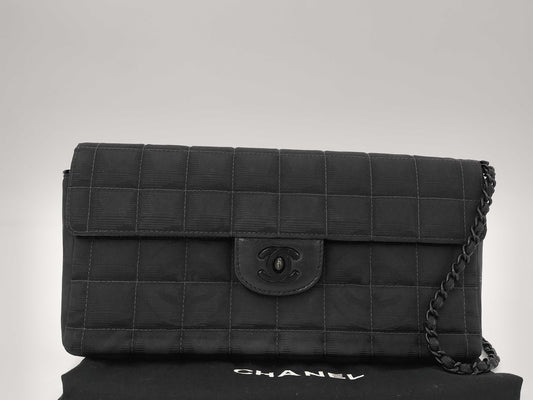 CHANEL New Travel Line East West Chain Shoulder Bag in So Black Nylon with Dust Bag and Seal