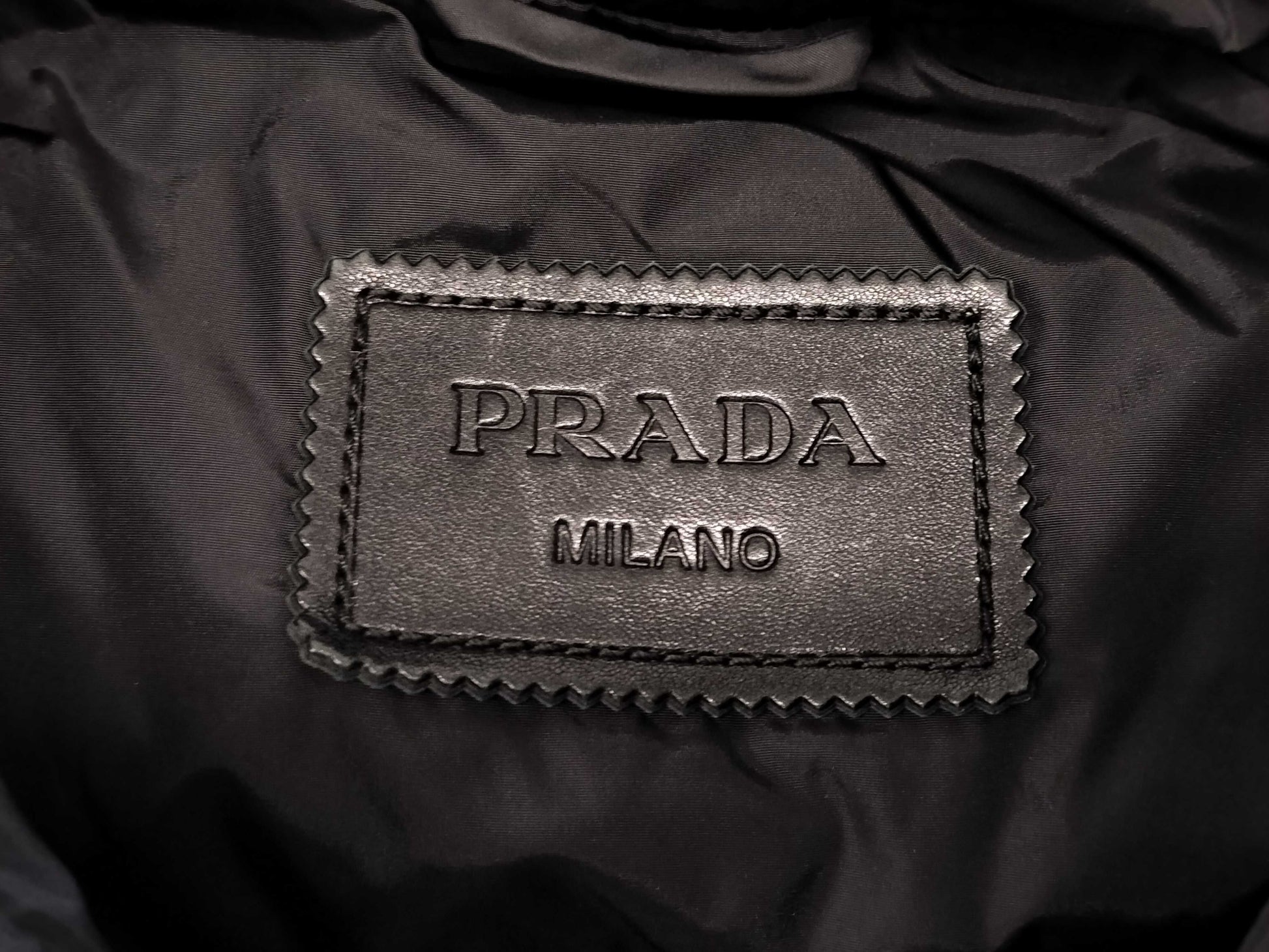PRADA Prada Triangle Logo Black Down Coat with Leather Belt and Leather Trim, Size 38