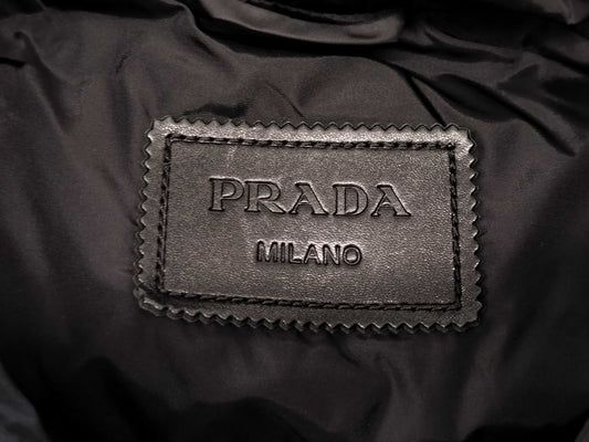 PRADA Prada Triangle Logo Black Down Coat with Leather Belt and Leather Trim, Size 38