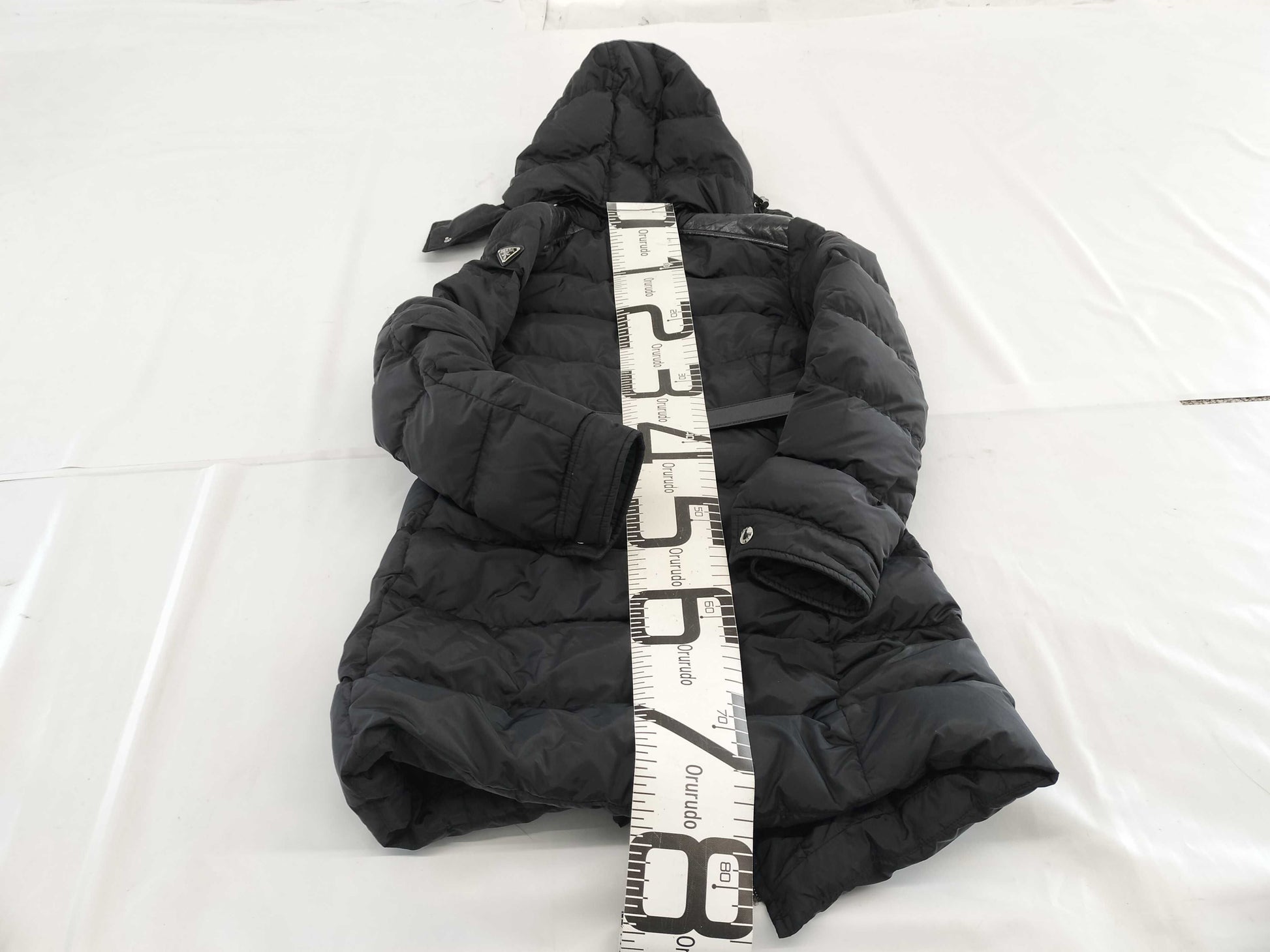 PRADA Prada Triangle Logo Black Down Coat with Leather Belt and Leather Trim, Size 38