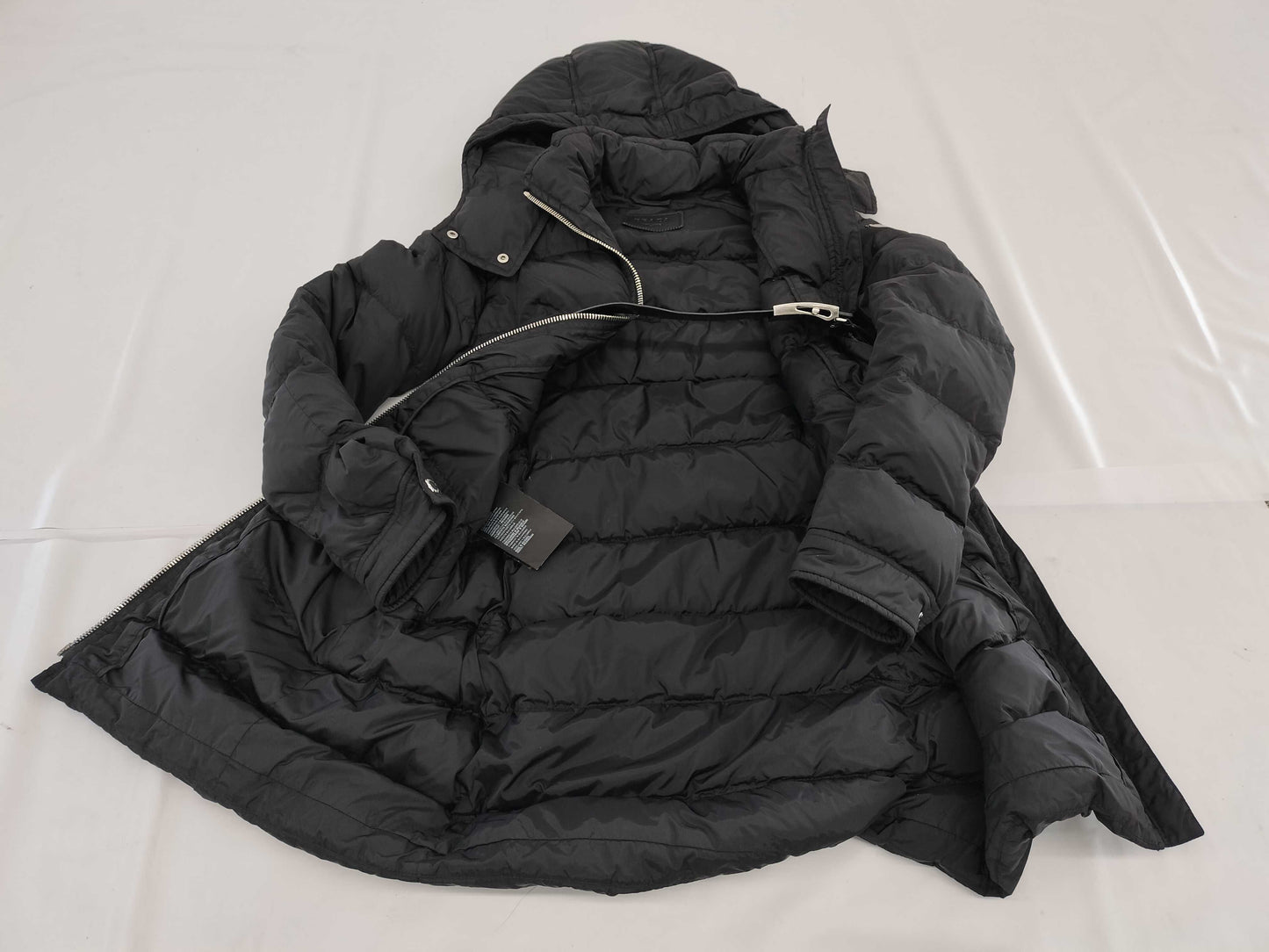 PRADA Prada Triangle Logo Black Down Coat with Leather Belt and Leather Trim, Size 38