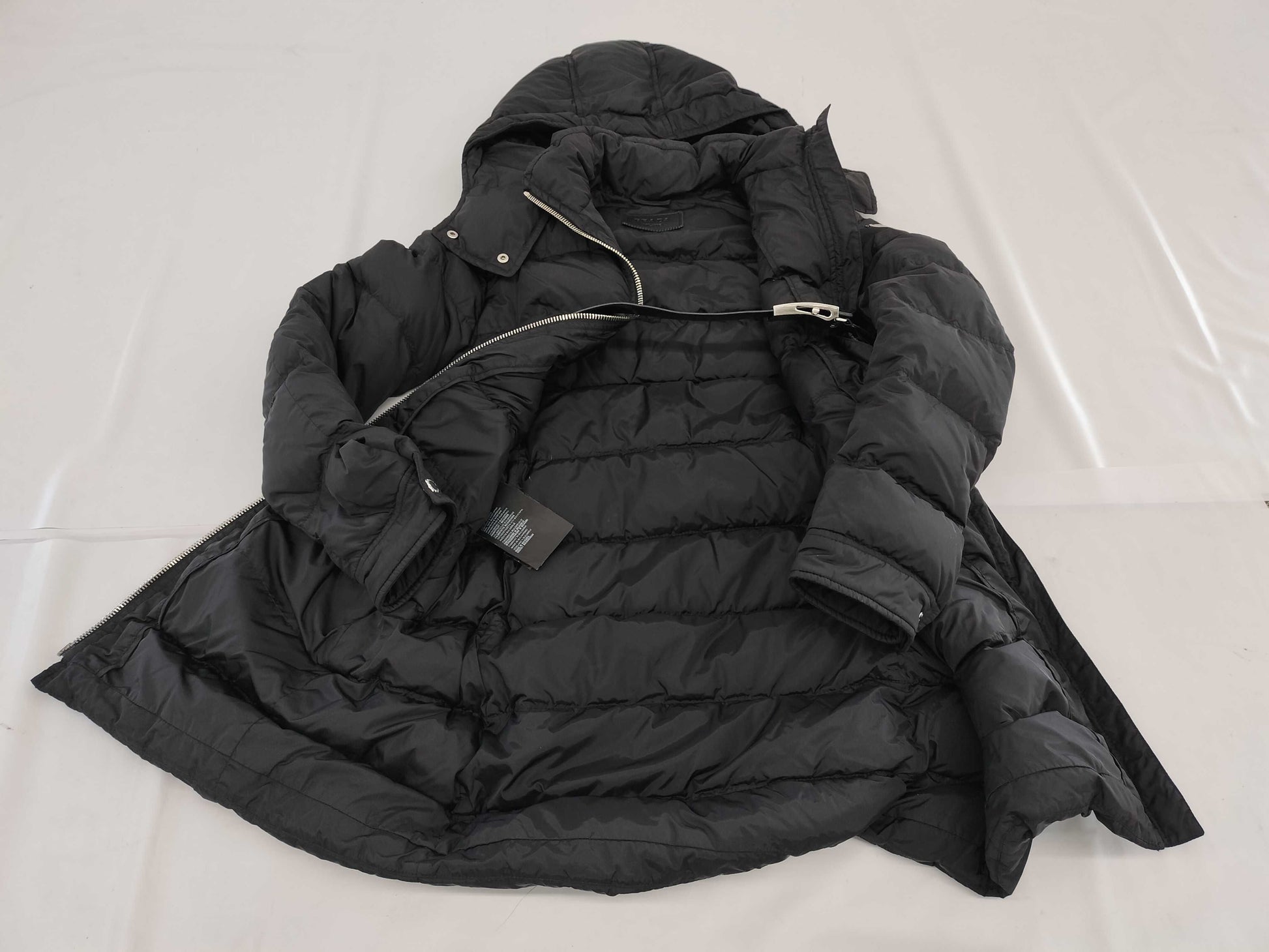 PRADA Prada Triangle Logo Black Down Coat with Leather Belt and Leather Trim, Size 38