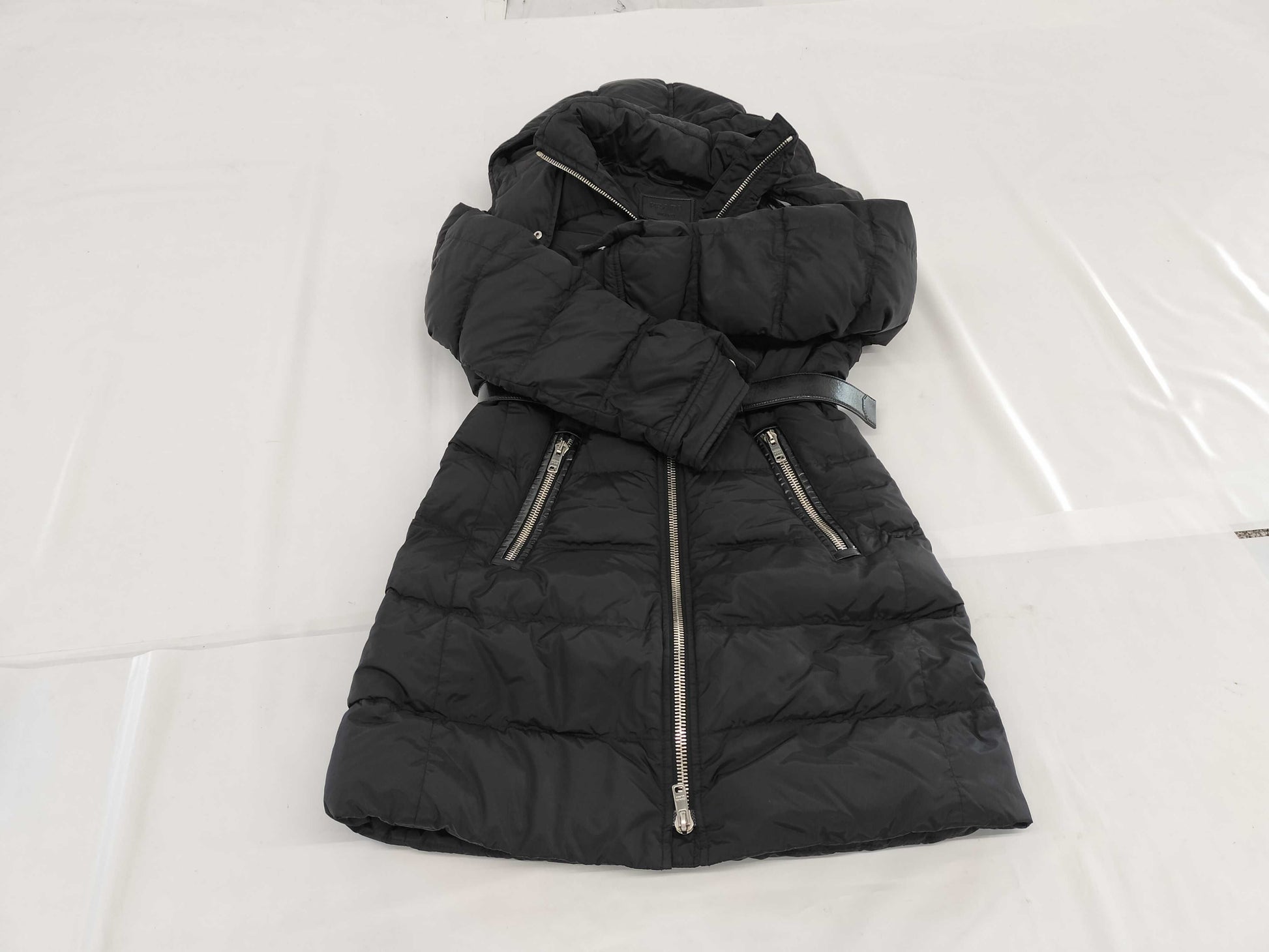 PRADA Prada Triangle Logo Black Down Coat with Leather Belt and Leather Trim, Size 38